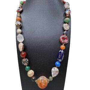 Vintage Mixed Gemstone Cloisonné Glass Bead Necklace 14/20 Gold Filled Clasp 25"